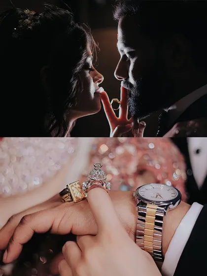 A creative collage focusing on the rings and the romance. The top frame shows an intimate moment, while the bottom frame is a close-up of the bride placing the ring on the groom's finger.