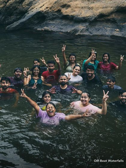Nothing beats the feeling of jumping into a cool, natural waterfall pool with your new friends. This is our crew in Wayanad, making a splash and creating memories that are anything but ordinary. Pure, unadulterated fun.