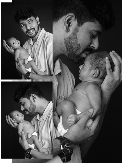 This black and white collage is dedicated to the special bond between a father and his newborn. These portraits capture the pride, love, and gentleness in his hold.
