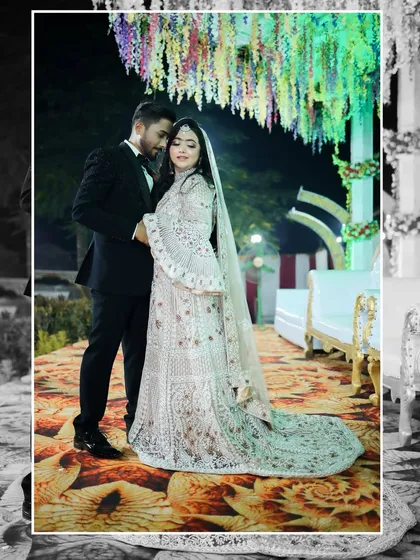 A classic black and white collage showing the bride and groom. These timeless shots capture the love and happiness of the couple on their special day.