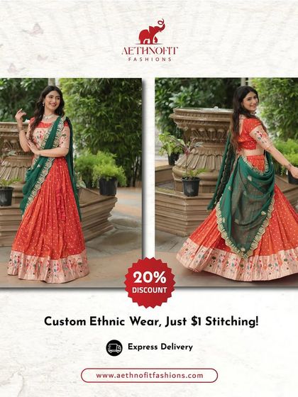 For a vibrant and traditional look, I designed this orange lehenga with heavy Meena weaving. It's a classic choice for wedding festivities, and with my $1 stitching offer, it's a deal you can't miss.