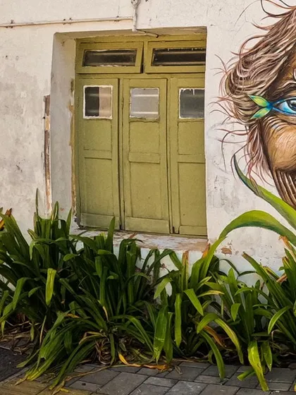 A close-up of the fisherwoman's face. I wanted to capture the wisdom and resilience in her eyes, making them the focal point of the mural. The textures of the old wall and door add to the character of the artwork.
