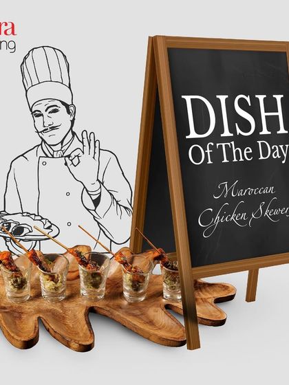 Our dish of the day: Moroccan Chicken Skewers. These flavourful skewers are presented in individual shot glasses, a creative and stylish serving idea for any event.