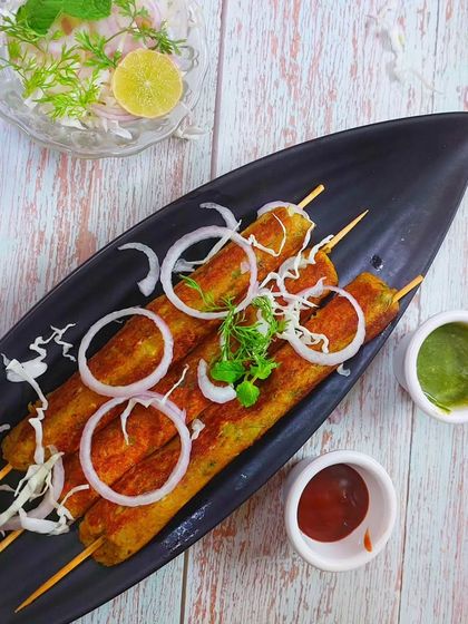 Paneer Shawarma skewers, an Indian take on a Middle Eastern classic. A great appetizer or snack.