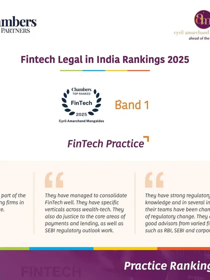We are at the forefront of financial innovation. Our Fintech practice has been consistently ranked 'Band 1' by Chambers and Partners for six consecutive years, recognizing our deep regulatory knowledge and pioneering work in wealth-tech, payments, and digital assets. We guide clients through the evolving landscape of RBI and SEBI regulations.