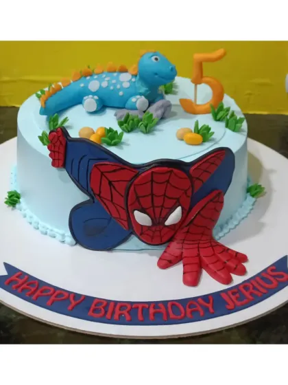 A fun mashup cake featuring Spider-Man and a friendly dinosaur. It shows how I can combine a child's favorite things into one unique design.