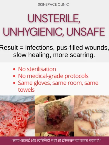 Unsterile and unhygienic conditions during a procedure can lead to severe infections and scarring. We adhere to strict medical-grade sterilization protocols to ensure every treatment is not only effective but also completely safe.