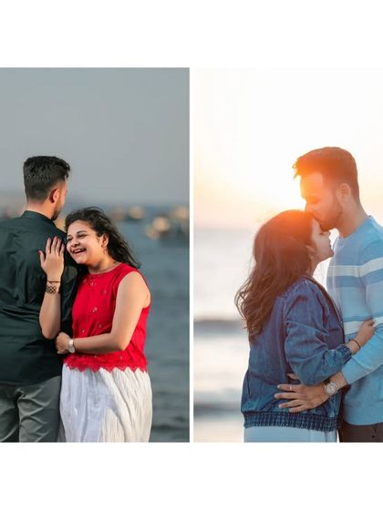 A set of two photos capturing the joy of a couple at the beach, showing a candid laugh and a tender kiss on the forehead at sunset.