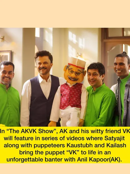 A group shot of the puppeteers in our green suits with Anil Kapoor, illustrating the chroma key technique used in the shoot.
