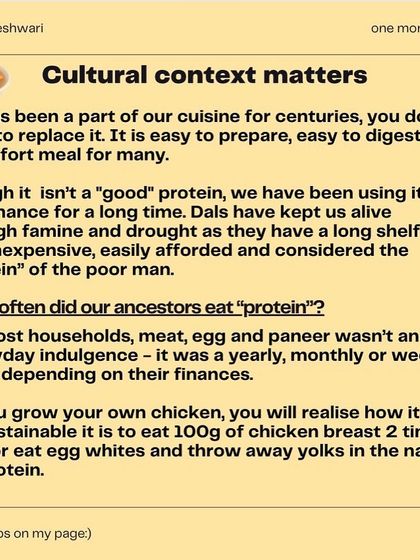 This infographic series tackles the viral claim that "dal is not a protein." I break down the nutritional facts, the importance of cultural context, and why labeling foods as just "carbs" or "protein" strips them of their true value. Ultimately, your digestion and the overall balance of your diet matter more than macronutrient labels.