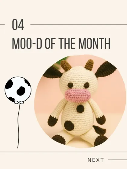 This is the 'Moo-d of the Month' from my '5 Figures in June' series. This classic amigurumi cow is a perfect example of the detailed character work I love to do.