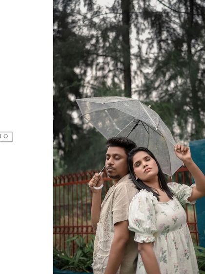 A romantic moment captured in the rain. Using a clear umbrella allows us to shoot in any weather, creating a dreamy and cinematic scene that feels straight out of a movie.