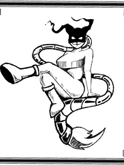 A pin-up style character design with a twist. This flash piece features a masked woman whose lower body is a mechanical scorpion tail ending in a paintbrush, blending human and machine elements.