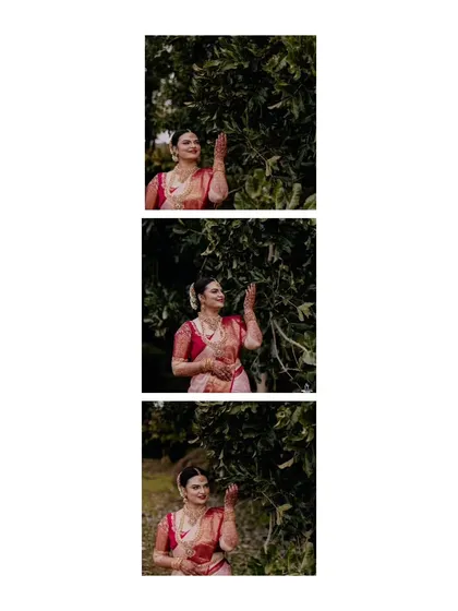 A vertical collage of a bride's portraits, capturing her elegant poses in a natural setting.
