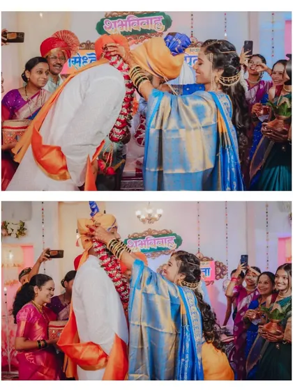 A collage capturing the bride placing the garland on the groom, a key moment filled with joy and surrounded by family.