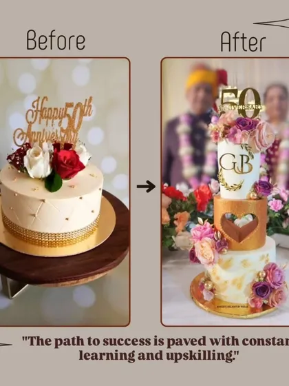 This before-and-after shows my growth in designing multi-tier anniversary cakes. The "after" cake is the three-tier, floral masterpiece I created for my parents' 50th anniversary, a huge step up from my earlier work.