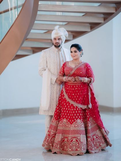 My radiant bride Sakshi in red. We chose a soft smoky eye to highlight her features, paired with dewy skin and a classic bridal lip for a stunning final look.