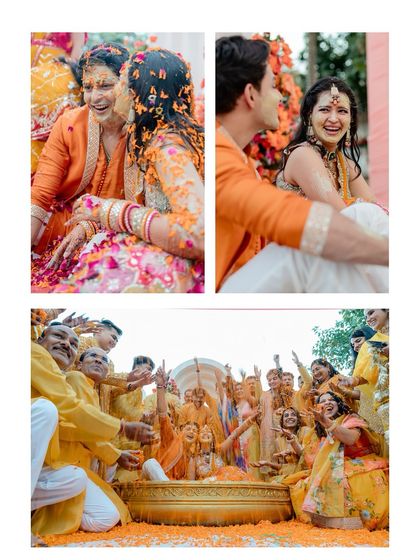 A collage of heartwarming and fun moments from the Haldi, from tender interactions with family to the couple's joyful celebration.