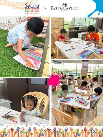 This collage highlights the youngest participants of our art contest. We create a welcoming space for toddlers and preschoolers to explore colors and materials at their own pace.