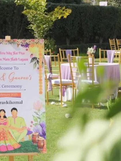 A personalized welcome sign for a Haldi ceremony, featuring a cute caricature of the couple.