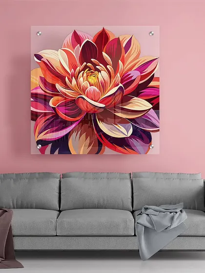 This large, vibrant floral print demonstrates how my acrylic art can become the focal point of a room. The frameless mounting on the pink wall enhances its modern, floating appearance, bringing a burst of color and sophistication to the space.