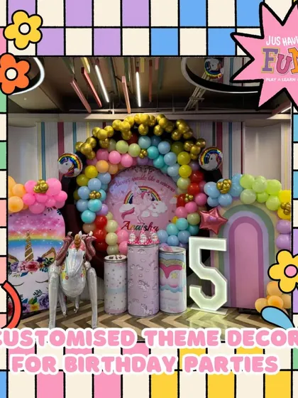 A magical unicorn-themed birthday party setup. With a rainbow balloon arch and a majestic unicorn figure, we create a whimsical wonderland that brings fairytale dreams to life for your child's special day.
