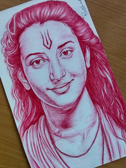 The completed red ballpoint pen drawing of Lord Ram. The detail achieved with just a single pen showcases the versatility of this medium.