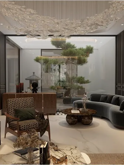 This living space sets the stage for a relaxed and comfortable atmosphere. I used soft fabrics, a curved velvet sofa, and plush furnishings to create a sensory delight, with a view into a tranquil inner courtyard.