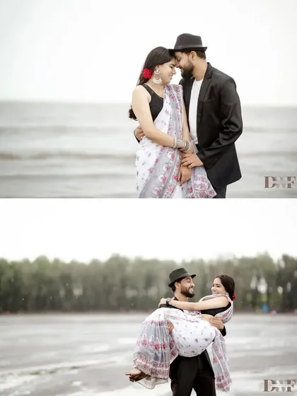 A classic beach romance. This collage captures a timeless moment of the groom carrying his bride, and a loving embrace by the sea.