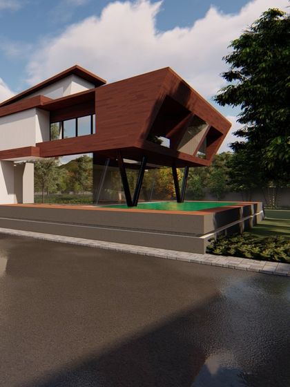 This perspective shows the integration of a pool beneath the cantilevered structure. The reflection of the architecture in the water adds another layer of visual interest to the design.