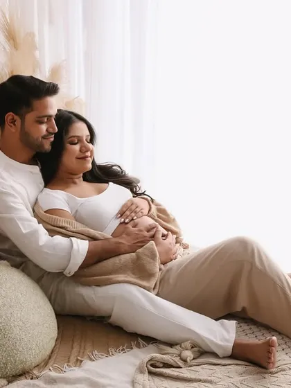 A cozy and intimate moment between the expecting parents, nestled together on our studio bed setup. The warm blanket and soft pillows create a feeling of home.