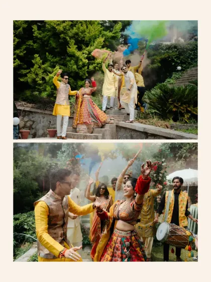 A collage capturing the energy of a Haldi entrance. The couple dances their way in, surrounded by friends with color smoke bombs and the beat of the dhol, kicking off the celebration in style.