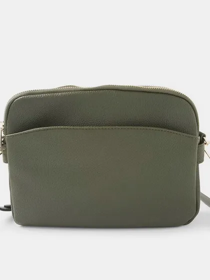 The front view of the olive green Australia Crossbody bag with classic gold hardware.