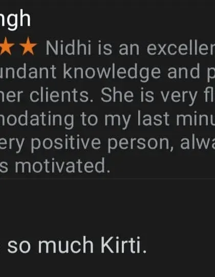 "Nidhi is an excellent yoga trainer with abundant knowledge and patience." I always strive to be flexible with timings and keep my students motivated on their fitness journey.