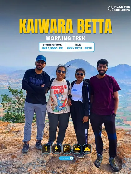 A group of friends on the Kaiwara Betta morning trek, enjoying the clear views.