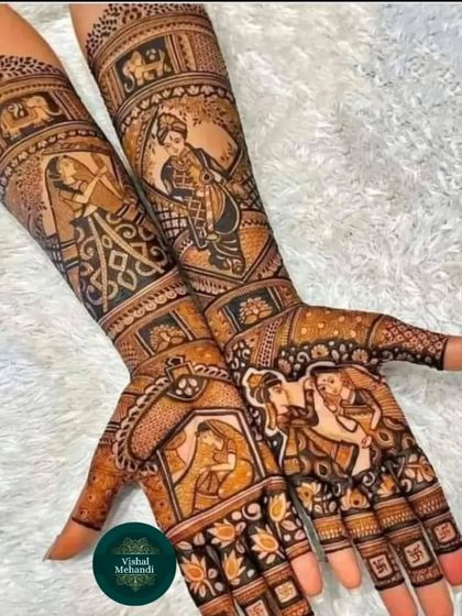 A multi-layered storytelling mehandi, with couple portraits on the palms and various wedding scenes and figures depicted on the arms.
