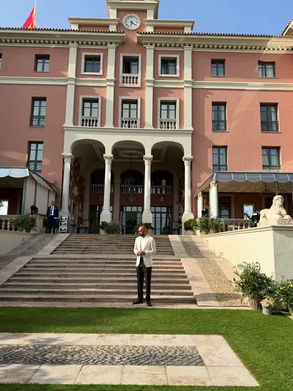 A full view of the stunning Anantara Resort in Marbella. The architecture provided a grand backdrop for the Jewish and Sindhi wedding celebrations.
