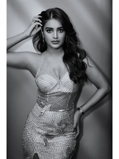 A timeless black and white portrait of Nidhhi Agerwal. This version of her glamour shot emphasizes form, expression, and the texture of her sequined dress.