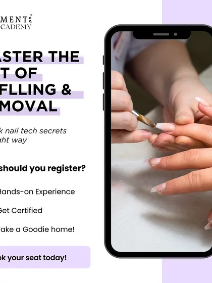 Learn the art of refilling and removal the right way. My workshop covers the essential techniques to maintain nail health while keeping extensions looking fresh, complete with hands-on experience and a goodie bag.