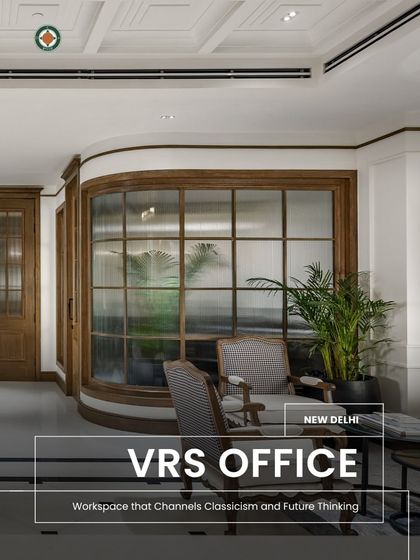 The VRS Office in New Delhi channels classicism and future thinking. The reception area acts as a buffer between private and public zones, with curved fluted glass walls and elegant seating that create a sophisticated and welcoming first impression.
