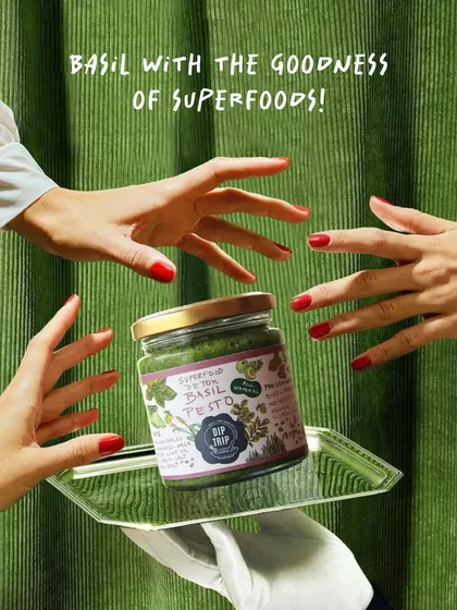 My Superfood Basil Pesto, presented in all its glory. I pack each jar with fresh basil and a boost of superfoods like amla and moringa. It’s pure, vibrant flavor, made to elevate any meal.