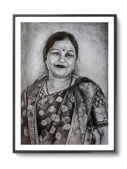 The final A4 graphite sketch, presented in a simple black frame that complements the classic black and white artwork.