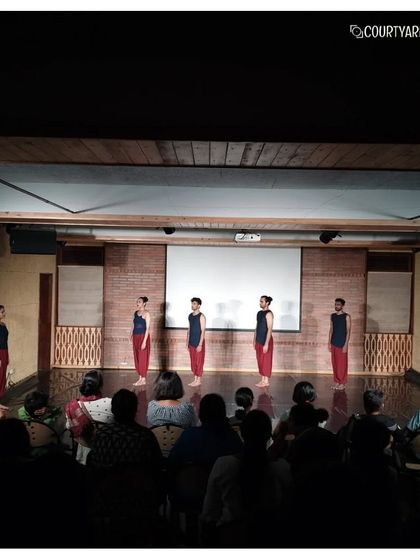 A synchronized group formation from the Attakkalari show, showcasing the discipline and training of the dancers from the Attakkalari Mobile Academy.