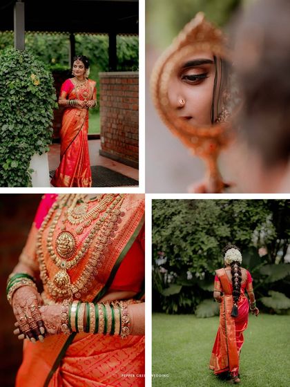 A collage of beautiful bridal moments, from a reflective glance in the mirror to the intricate details of her jewelry and the elegance of her traditional saree.