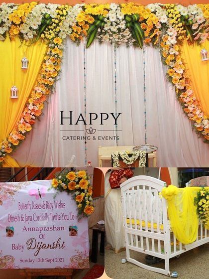 This collage shows a complete setup for an Annaprashan ceremony, including a personalized welcome banner inviting guests to the event.