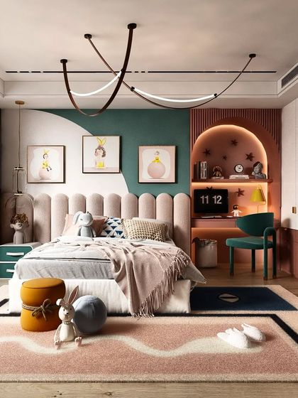 A charming girl's bedroom with a scalloped headboard, a built-in study nook with an arched detail, and soft, playful colors.