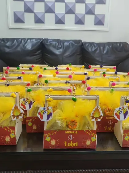 A large order of personalized "Mehr's 1st Lohri" hampers ready for delivery.