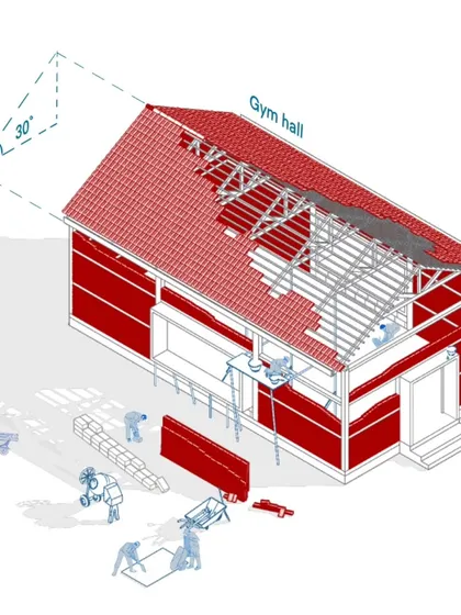This exploded axonometric drawing illustrates the renovation strategy for the Nagapattinam Collector's camp office. It details the scale, material, and process for conserving this more than 100-year-old heritage building.