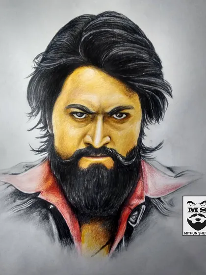 A color sketch portrait of Rocking Star Yash from the movie KGF. I used a mix of charcoal and color pencils to create the intense, gritty look that defines the character, paying close attention to the hair and beard texture.