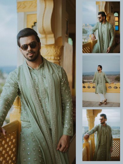 A collage showcasing the groom's stylish Mehendi look, featuring a pastel green kurta set.